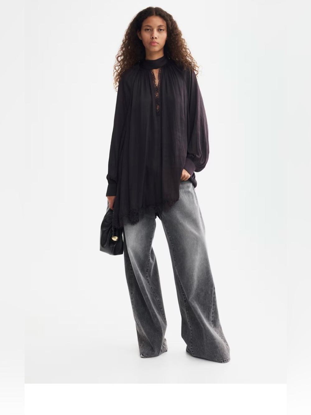 H&M lace- trimmed balloon-sleeve (Dark Purple) Long Sleeve Dress size XL BNWT